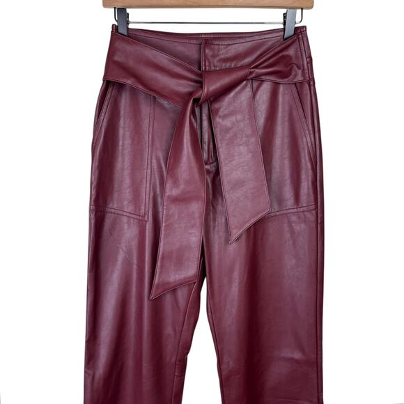 Lucy Paris Maroon Burgundy Faux Leather Cropped Bootcut High Waist Belted Pants - Picture 5 of 12